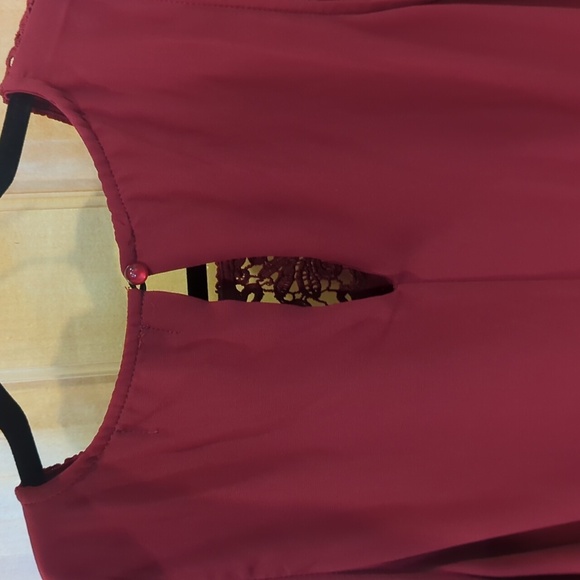 Three pink hearts tank top with neckline Lace detail. Deep Red Color. - Picture 6 of 7